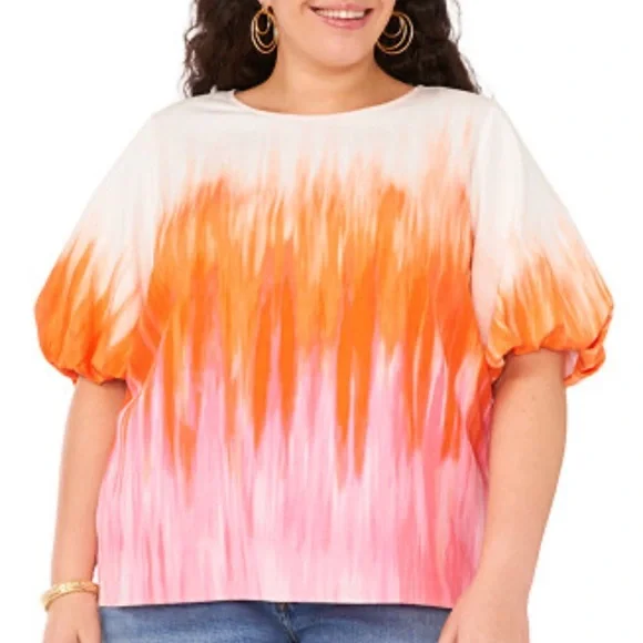 Vince Camuto Afterglow orange pink & white short sleeve blouse 2X - Picture 7 of 9